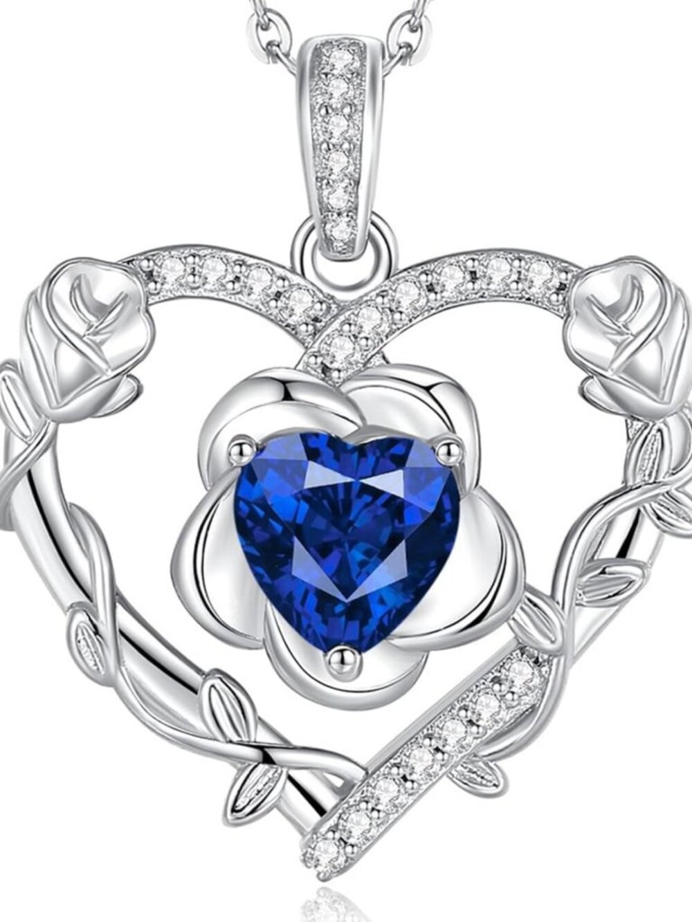 Sapphire September Birthstone Necklace - Sterling Silver Heart Flower Pendant